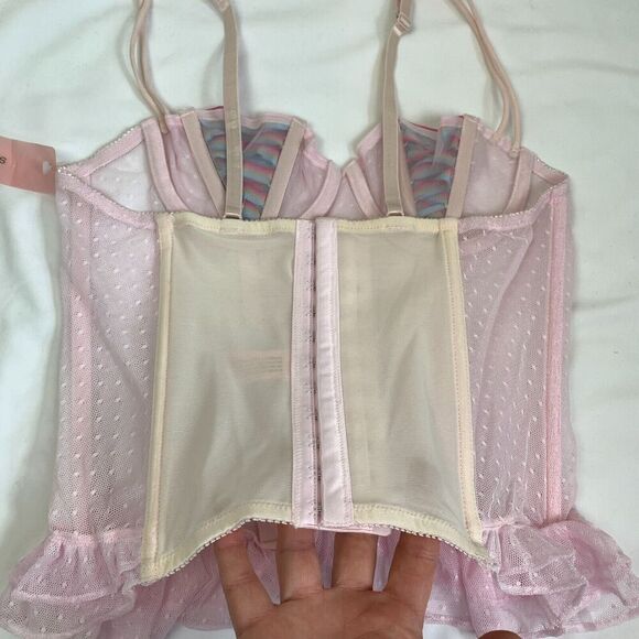 Y2K Rainbow Bustier Corset Tank Top M Pink Mesh Lace Ruffle Boned Kawaii Cute - Picture 9 of 10